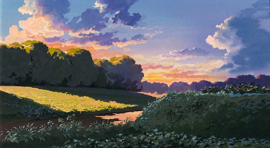Studio Ghibli Pastoral Landscape with Rolling Hills and Dramatic Sunset Sky HD wallpaper