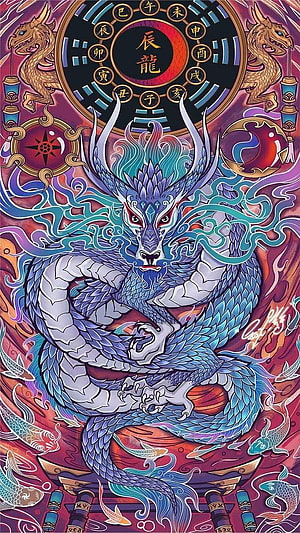 Vibrant Chinese Dragon Artwork with Zodiac Wheel and Koi Fish HD phone wallpaper