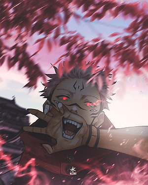 Itadori Yuji in Sukuna Form with Red Eyes and Falling Cherry Blossoms HD phone wallpaper