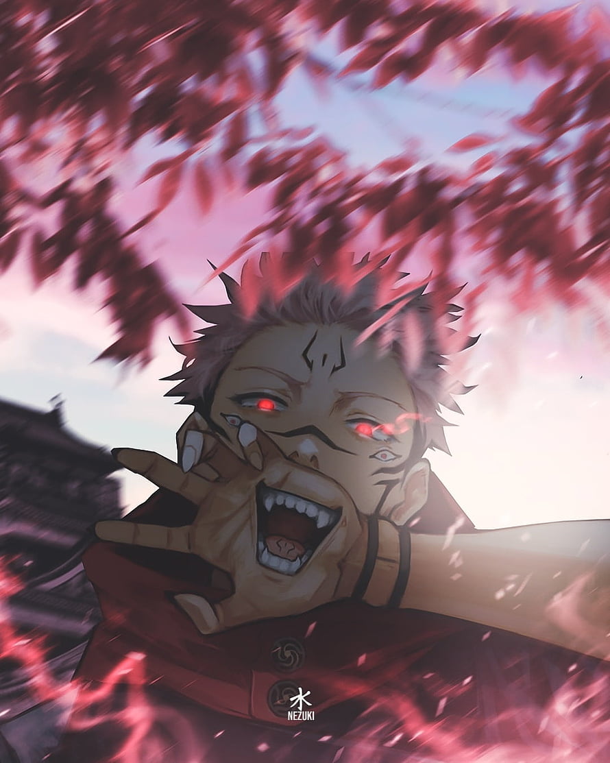 Itadori Yuji in Sukuna Form with Red Eyes and Falling Cherry Blossoms HD phone wallpaper