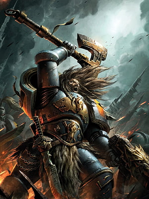 Warhammer 40K Space Wolf Warrior Wielding Power Axe in Epic Fantasy Battle Artwork HD phone wallpaper