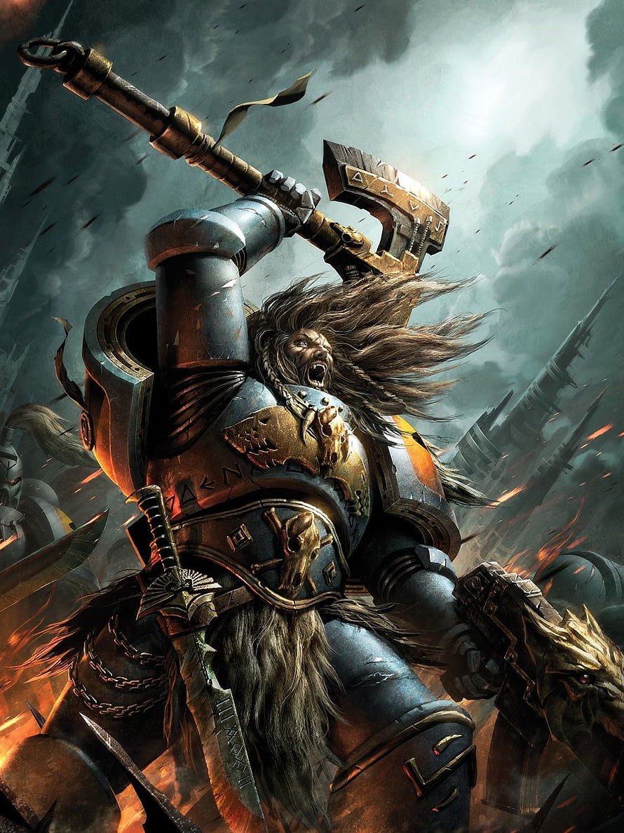 Warhammer 40K Space Wolf Warrior Wielding Power Axe in Epic Fantasy Battle Artwork HD phone wallpaper