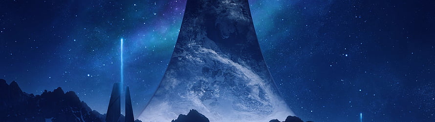 Halo Infinite alien monolith and spire under a starry night sky HD wallpaper