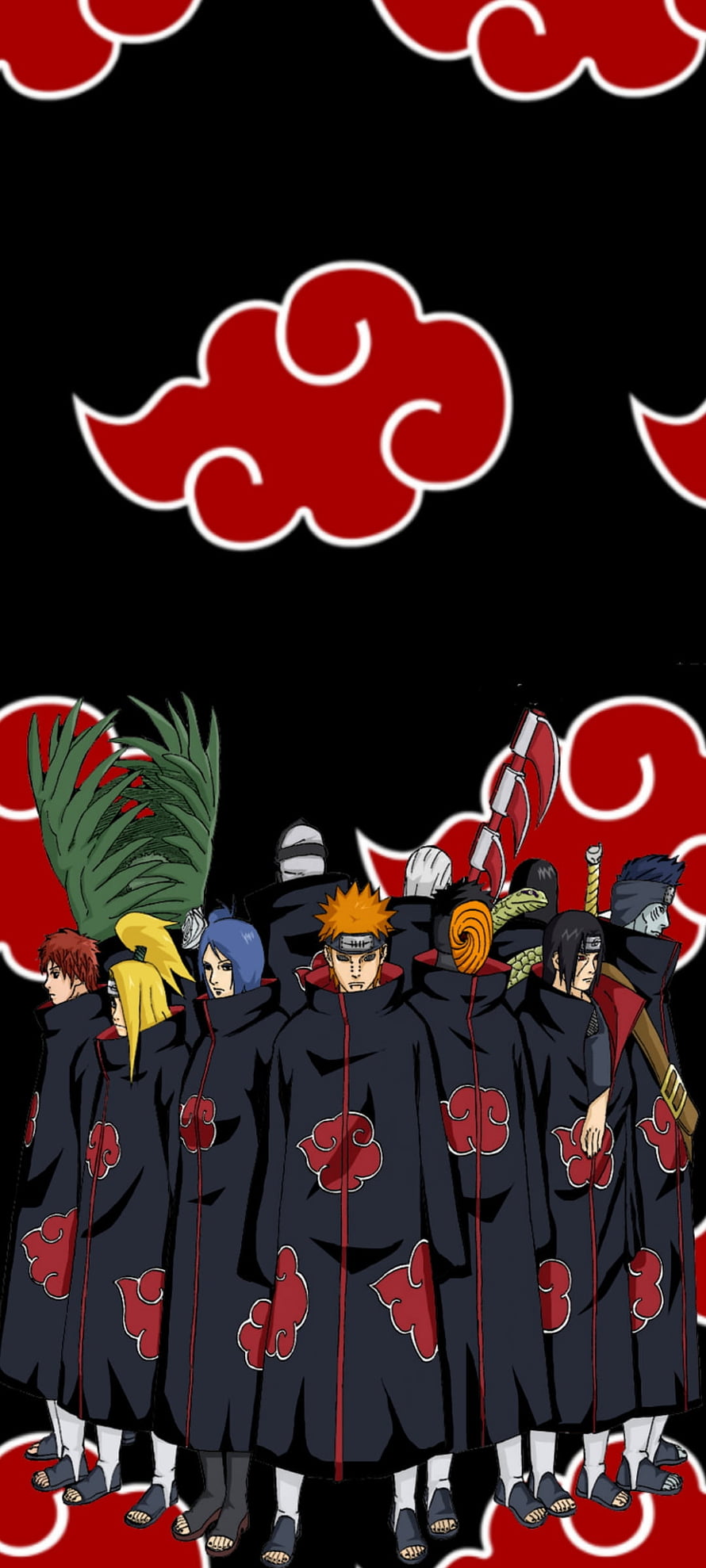 Akatsuki Members in Black Cloaks with Red Clouds on Dark Background HD phone wallpaper