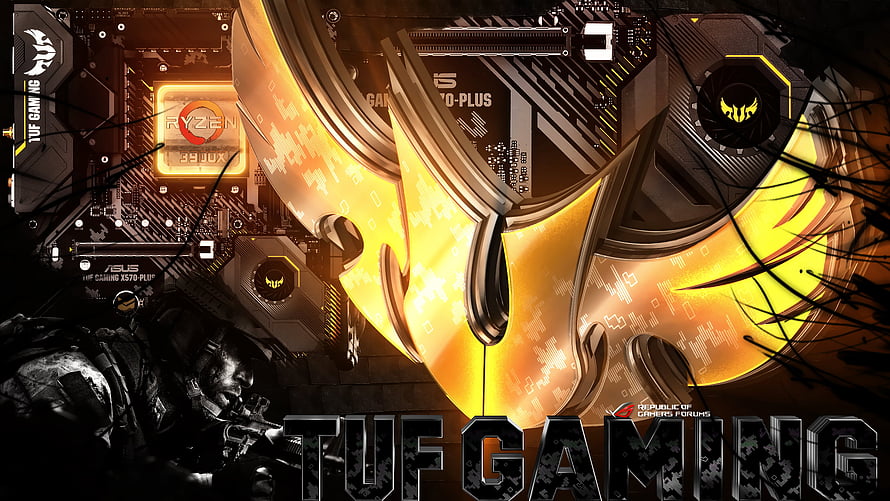 ASUS TUF Gaming Motherboard with Ryzen 3900X and Gold Circuit Design HD wallpaper