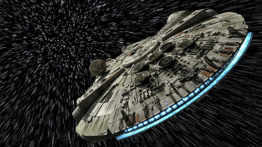 Millennium Falcon Starship in Hyperspace with Starfield Streaks HD wallpaper