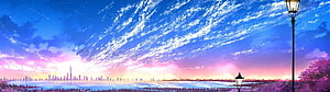 Vibrant Anime Skyline at Dusk with Street Lamps and Water Reflections HD wallpaper