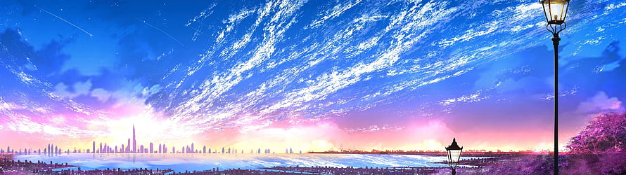 Vibrant Anime Skyline at Dusk with Street Lamps and Water Reflections HD wallpaper