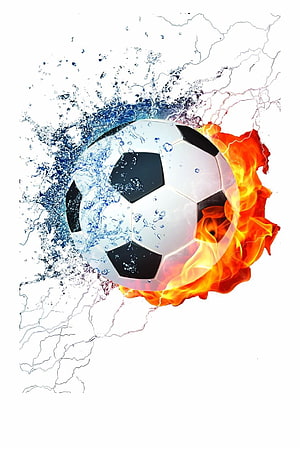 Soccer Ball Split by Fire and Water with Electric Lightning Effects HD phone wallpaper