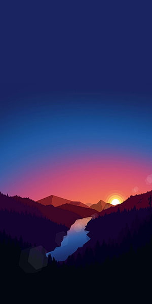Minimalist Vector Mountain Landscape with Sunset and Winding River HD phone wallpaper