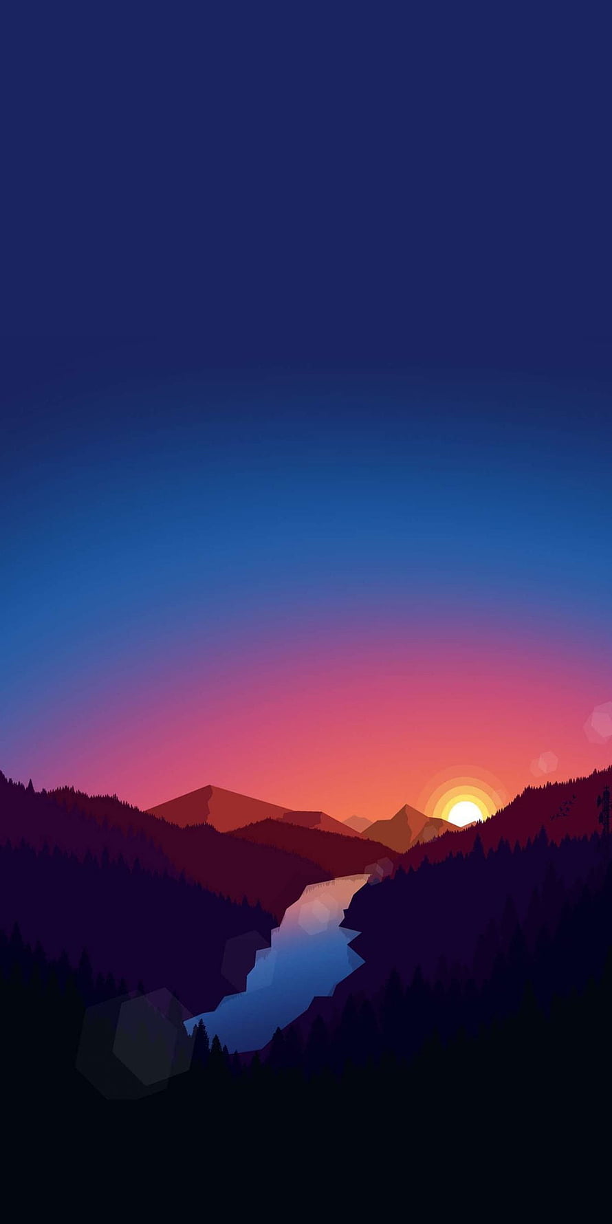 Minimalist Vector Mountain Landscape with Sunset and Winding River HD phone wallpaper