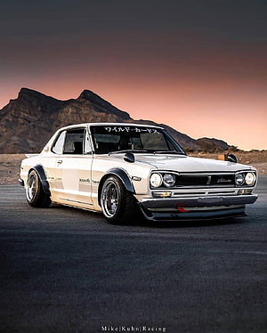 White Rocket Bunny Hakosuka Nissan Skyline GT-R Widebody in Desert Sunset HD phone wallpaper