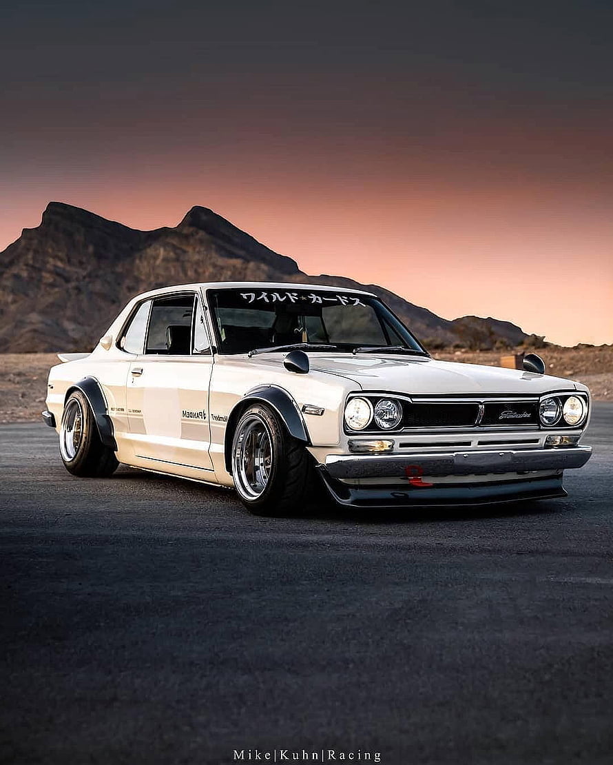 White Rocket Bunny Hakosuka Nissan Skyline GT-R Widebody in Desert Sunset HD phone wallpaper