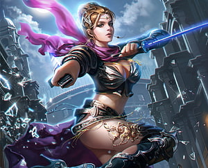 Female Warrior Wielding Glowing Blue Sword in Fantasy Cityscape HD wallpaper