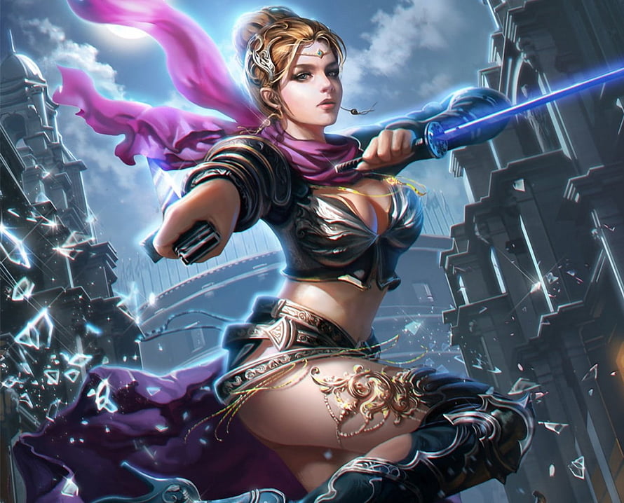 Female Warrior Wielding Glowing Blue Sword in Fantasy Cityscape HD wallpaper