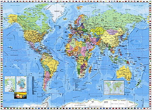 Detailed Political World Map with Country Borders, Flags, and Ocean Labels HD wallpaper