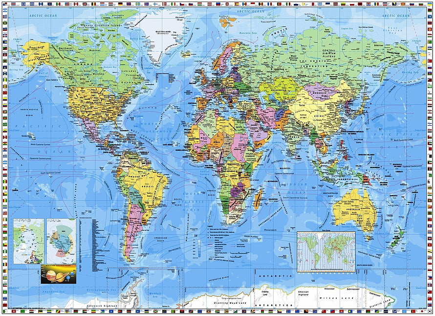 Detailed Political World Map with Country Borders, Flags, and Ocean Labels HD wallpaper