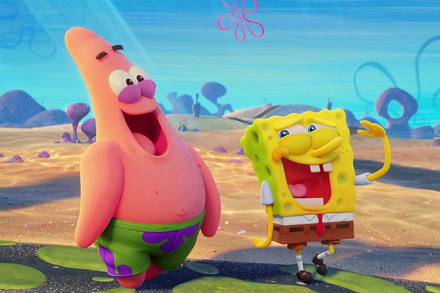 SpongeBob and Patrick Star in a vibrant 3D underwater desert landscape from the animated film HD wallpaper