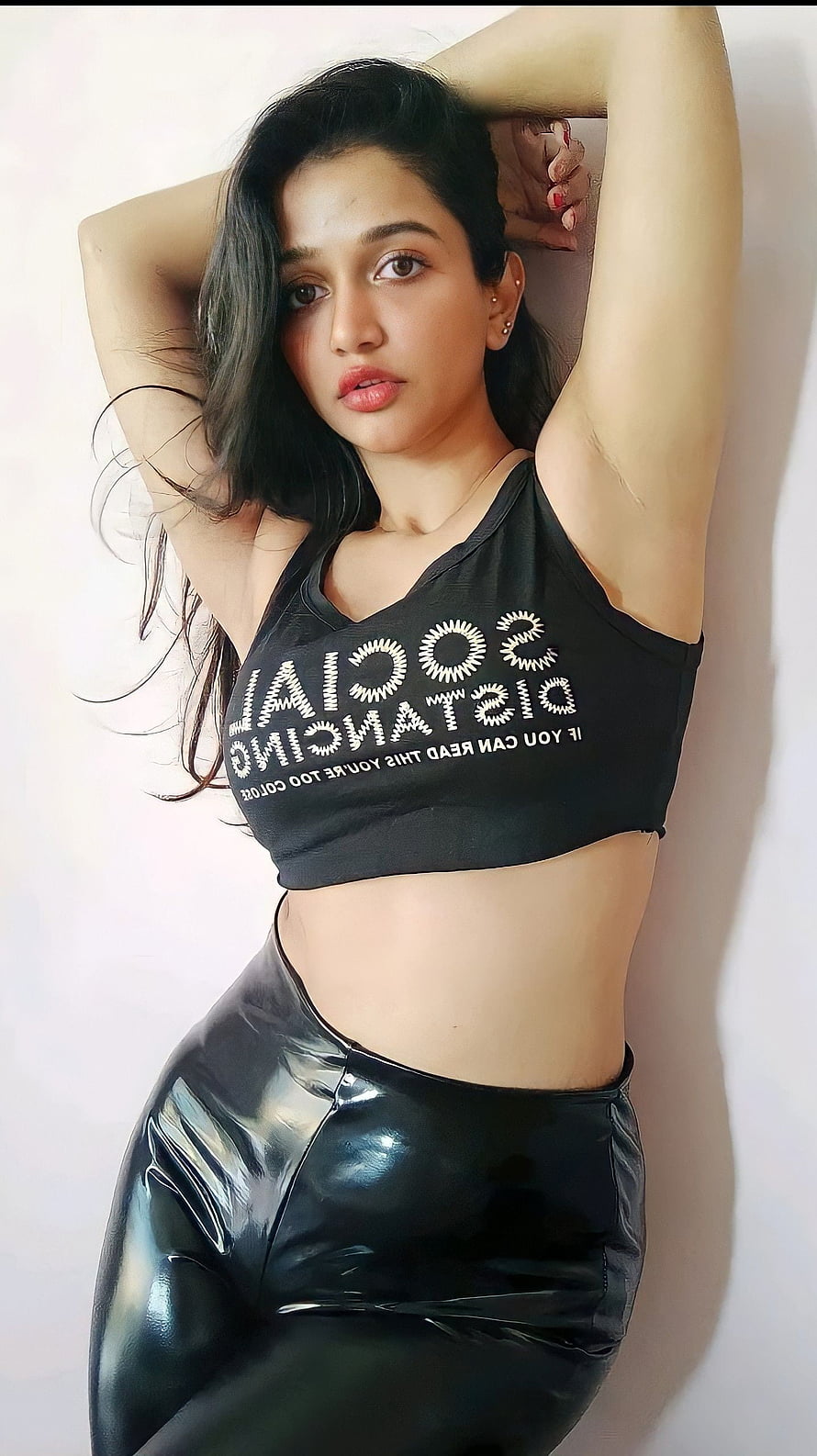 Anaika Soti in Black Crop Top and Glossy Latex Pants HD phone wallpaper