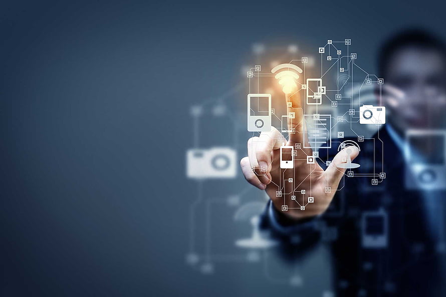 Hand Interacting with Digital Network Icons and Cloud Computing Concept HD wallpaper