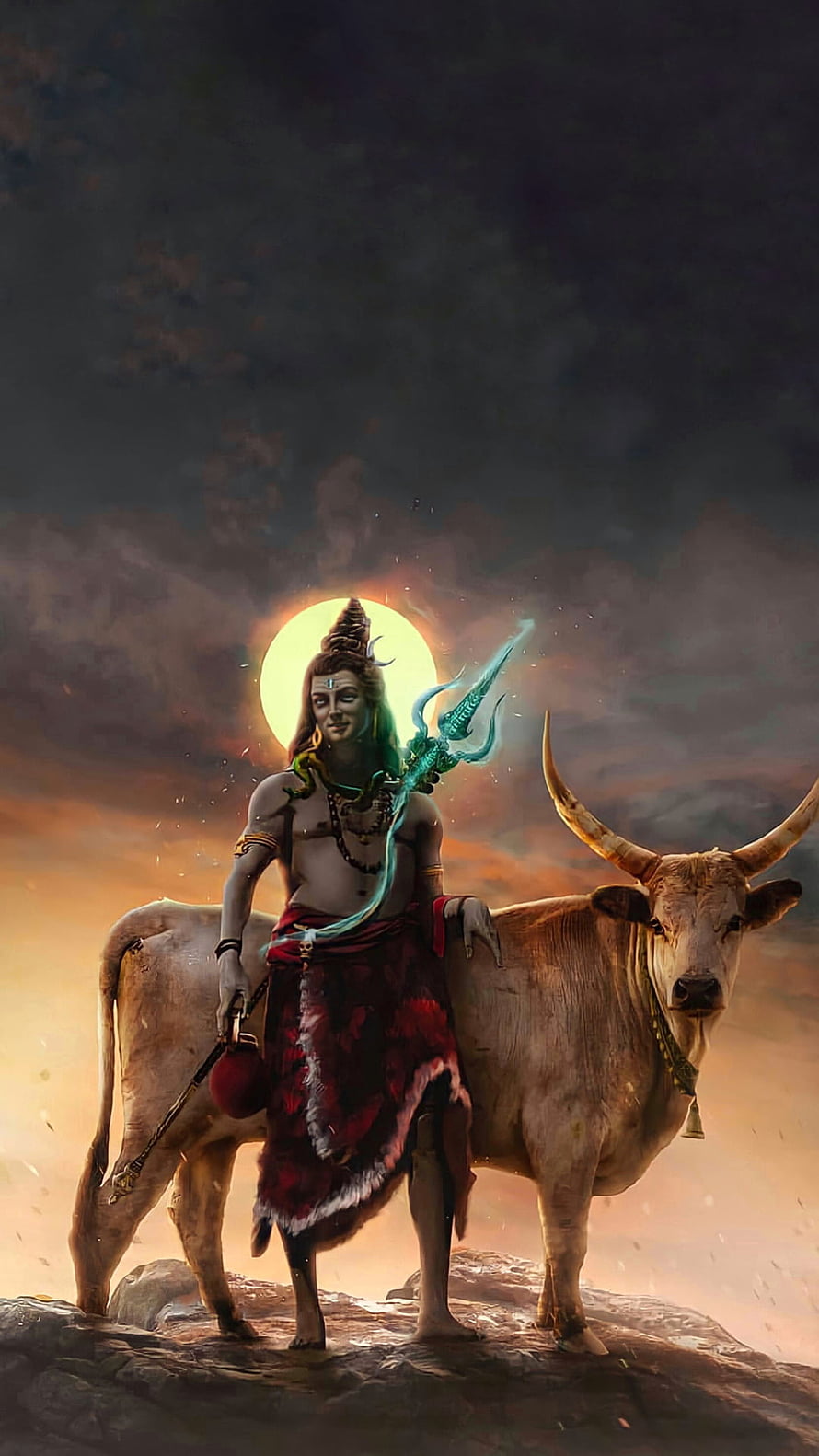 Lord Shiva and Nandi Bull Digital Art with Trishul and Crescent Moon HD phone wallpaper