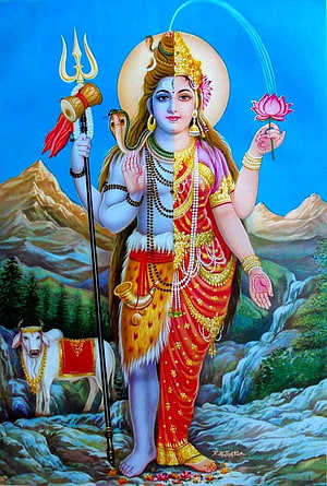 Shiv Shakti Divine Union Painting With Nandi And Himalayan Landscape HD phone wallpaper