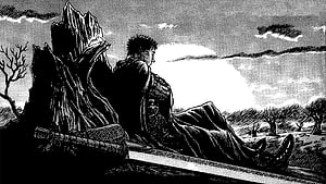 Berserk Manga Panel of Guts Resting by a Rock in a Desolate Landscape HD wallpaper