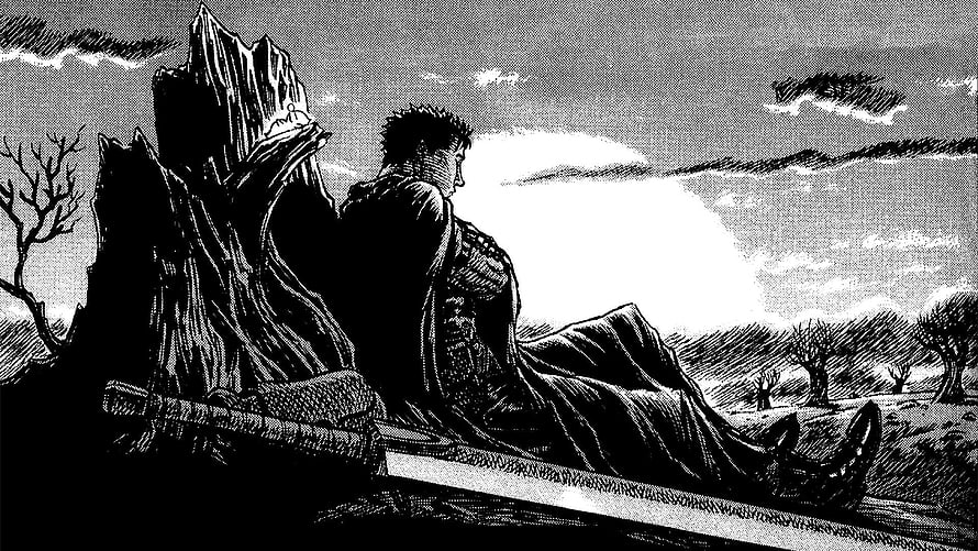 Berserk Manga Panel of Guts Resting by a Rock in a Desolate Landscape HD wallpaper
