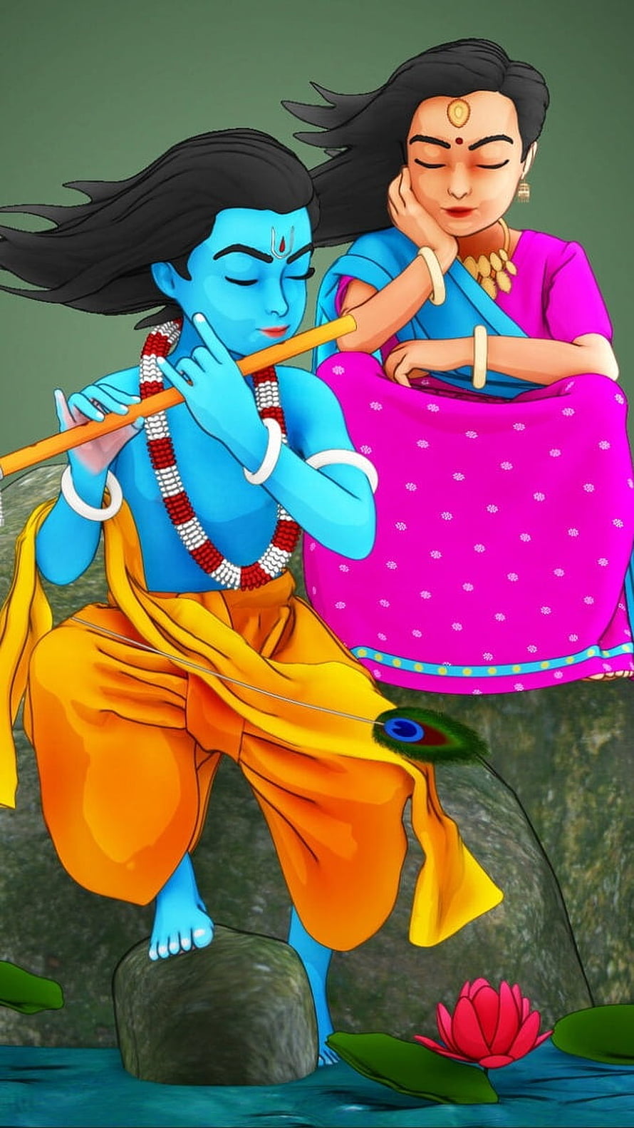 Radha Krishna Playing Flute by the River with Lotus Flowers HD phone wallpaper