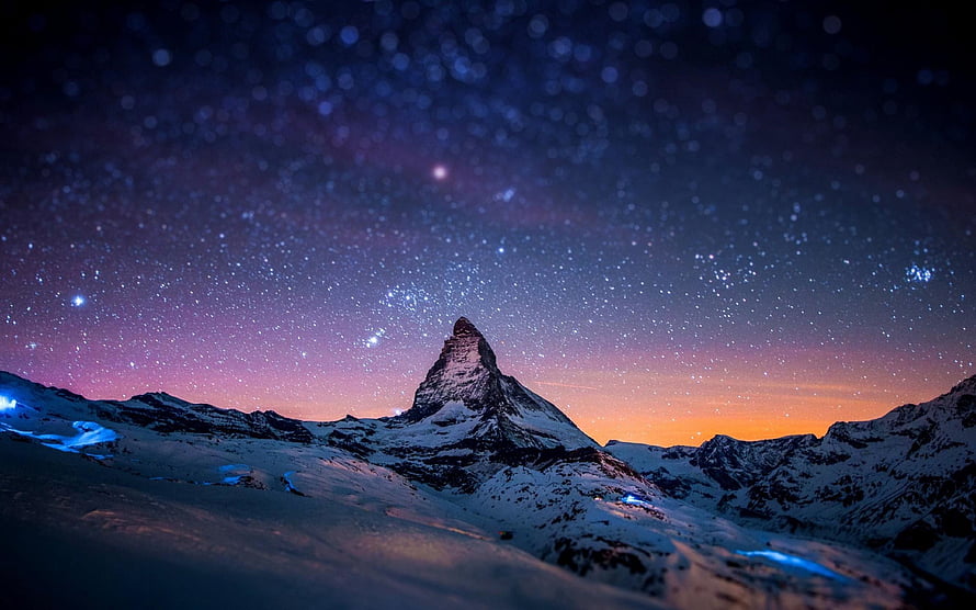 Matterhorn Peak Under a Starry Night Sky with Aurora and Snowy Alpine Landscape HD wallpaper
