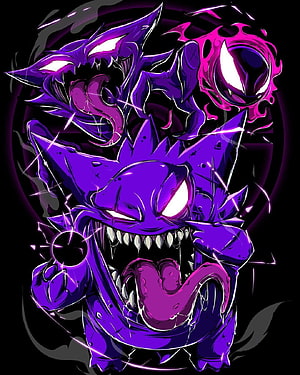 Gengar and Gastly in a dark purple digital illustration with glowing eyes and sharp teeth HD phone wallpaper