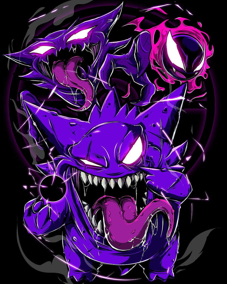 Gengar and Gastly in a dark purple digital illustration with glowing eyes and sharp teeth HD phone wallpaper