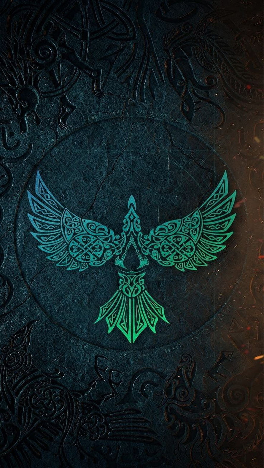 Glowing Celtic Knotwork Eagle Emblem on Dark Carved Stone Surface HD phone wallpaper