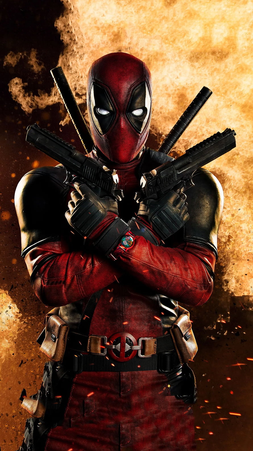 Deadpool in Red Suit Holding Dual Pistols with Crossed Swords Against Fiery Background HD phone wallpaper