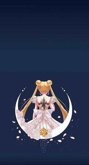 Sailor Moon Back View Sitting on Crescent Moon with Roses and Sword Emblem HD phone wallpaper