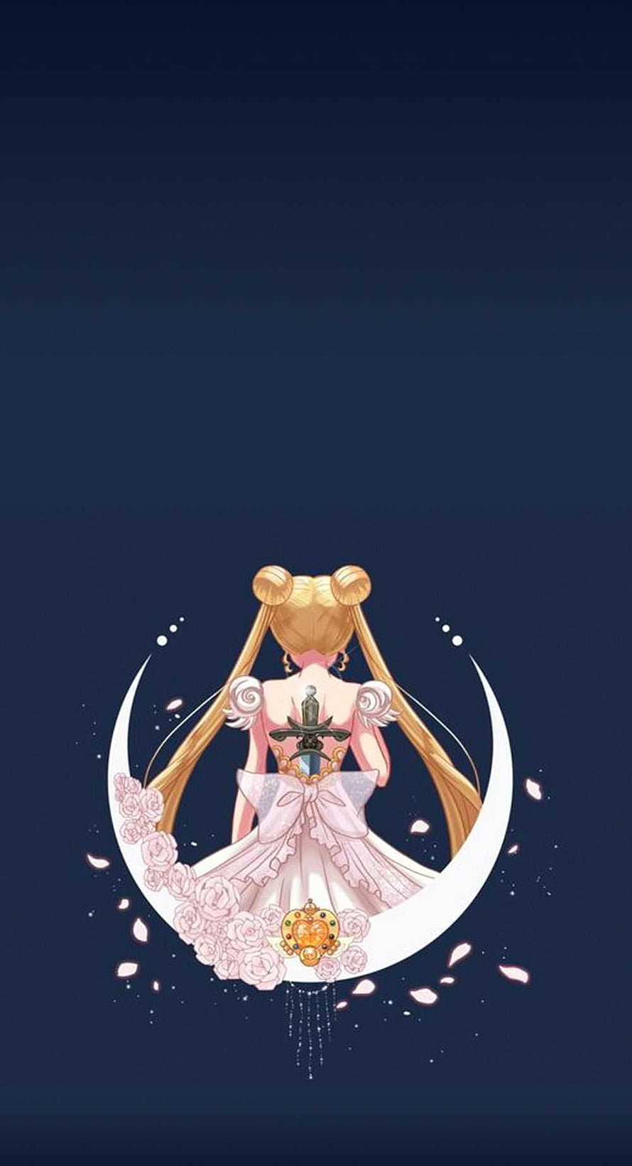 Sailor Moon Back View Sitting on Crescent Moon with Roses and Sword Emblem HD phone wallpaper