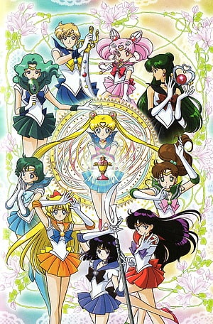 Sailor Moon and the Inner Senshi in a Magical Circle with Chibiusa HD phone wallpaper