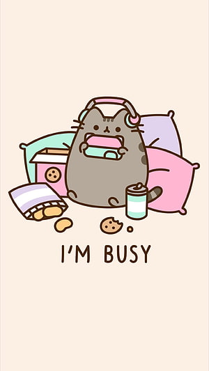 Pusheen Cat Eating Cookies with Headphones and Pillows Kawaii Illustration HD phone wallpaper