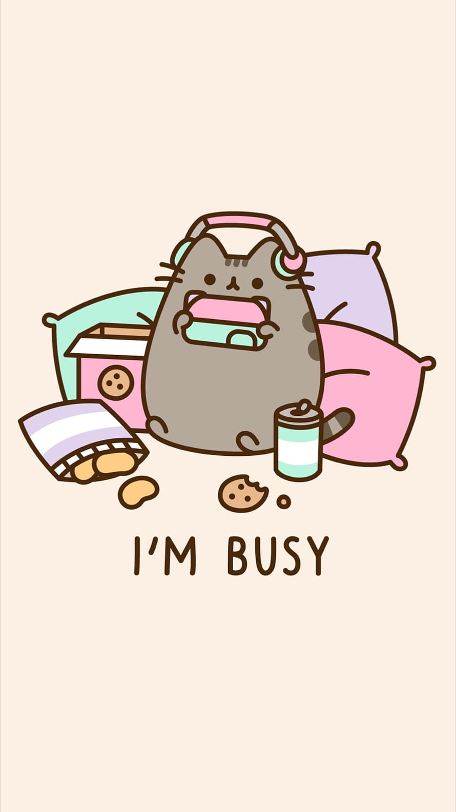 Pusheen Cat Eating Cookies with Headphones and Pillows Kawaii Illustration HD phone wallpaper