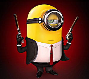 Despicable Me Minion in a Black Suit Holding Two Silver Revolvers Against a Red Background HD wallpaper