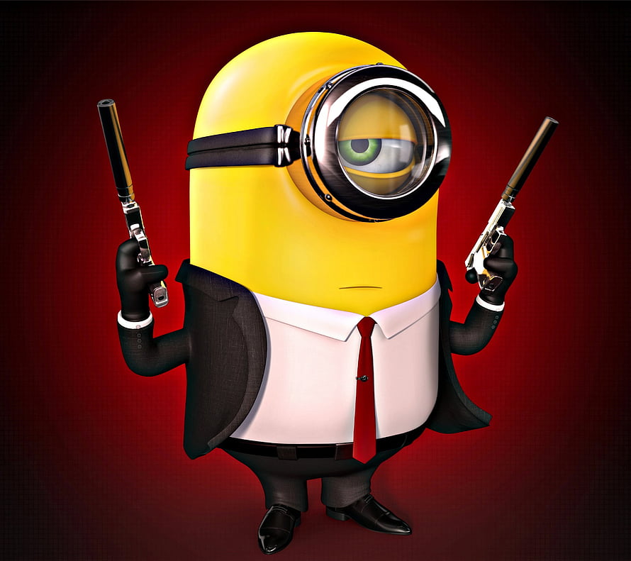 Despicable Me Minion in a Black Suit Holding Two Silver Revolvers Against a Red Background HD wallpaper