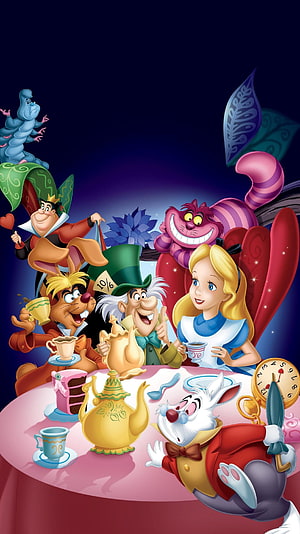 Alice in Wonderland 1951 Disney Tea Party with Mad Hatter, Cheshire Cat, and White Rabbit HD phone wallpaper