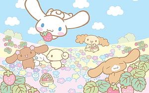 Cinnamoroll and Friends Picking Strawberries in a Colorful Flower Field HD wallpaper