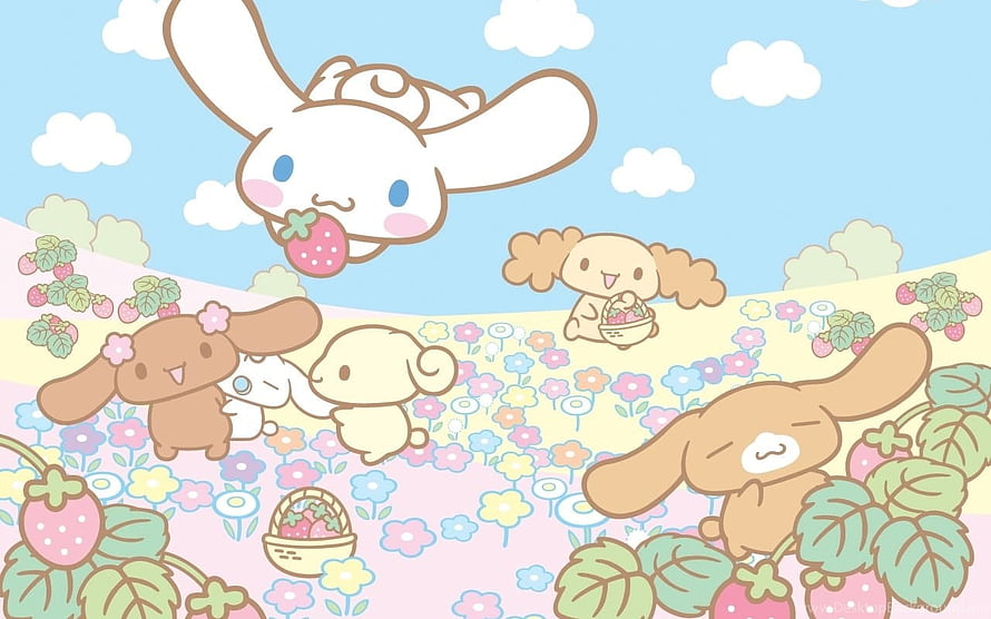 Cinnamoroll and Friends Picking Strawberries in a Colorful Flower Field HD wallpaper
