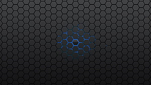 Dark Hexagonal Honeycomb Grid with Glowing Blue Geometric Center HD wallpaper