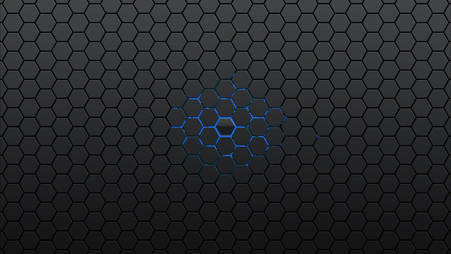 Dark Hexagonal Honeycomb Grid with Glowing Blue Geometric Center HD wallpaper