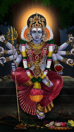 Maha Kali Devi Digital Art with Trishul and Sacred Offerings HD phone wallpaper