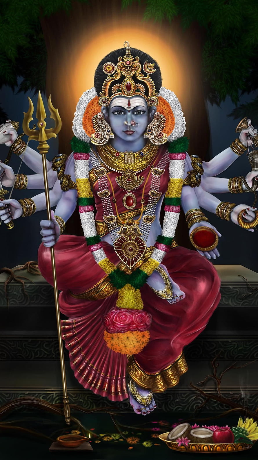 Maha Kali Devi Digital Art with Trishul and Sacred Offerings HD phone wallpaper