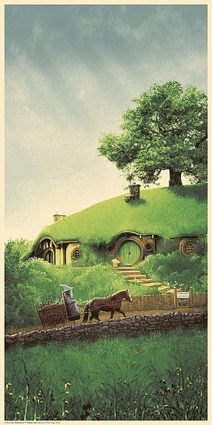 Bag End Hobbiton Scene from The Lord of the Rings with Gandalf and Pony Cart HD phone wallpaper
