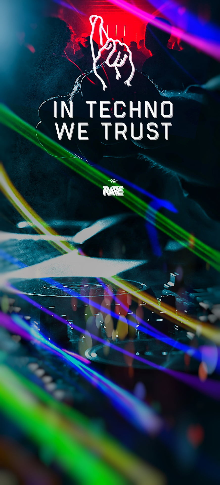 Neon-lit DJ booth with glowing turntables and laser beams in a dark rave setting HD phone wallpaper